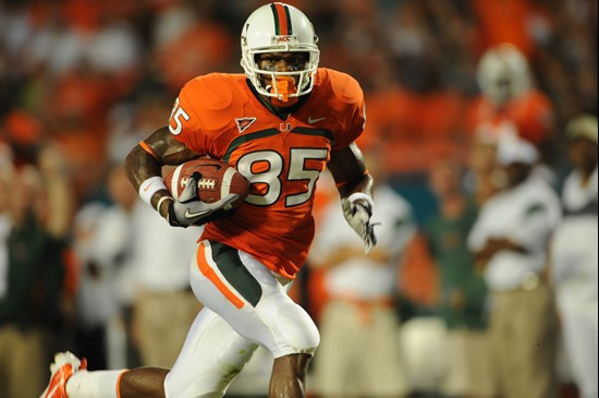 University of Miami Hurricanes wide receiver Leonard Hankerson #85 catches a pass in a game against the Florida A&amp;M Rattlers at Sun Life Stadium...