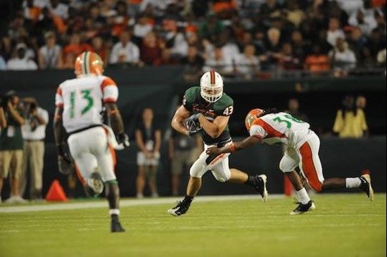 University of Miami Hurricanes fullback John Calhoun #43 plays in a game against the Florida A&M Rattlers at Land Shark Stadium on October 10, 2009. ...
