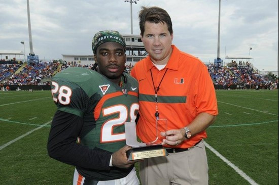 Andreu Swasey won the Special Teams Most Improved at the 2011 Miami Hurricanes Spring Football Game @ Lockhart Stadium