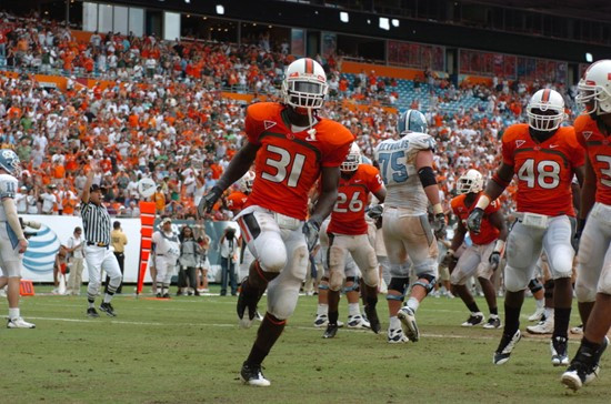 University of Miami Hurricanes linebacker Sean Spence #31 celebrates after making a tackle in a game against the North Carolina Tar Heels at Dolphin...