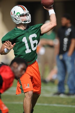 University of Miami quarterback, Spencer Whipple #16, in his first spring practice at Greentree Practice fields on March 5, 2011 on the University of...