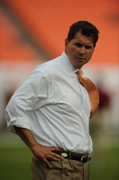 University of Miami Hurricanes head coach Al Golden leads his team on the field in a game against the Boston College Eagles at Sun Life Stadium on...