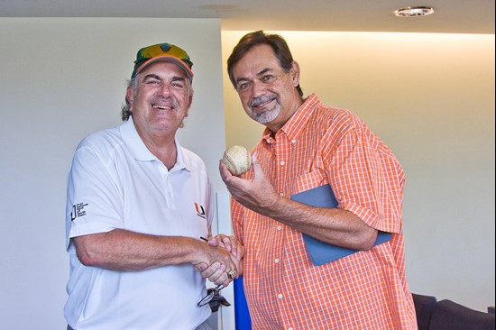 Public address announcer Jay Rokeach and Luis Brande pose for a photo at a special luncheon held in Luis' honor at Mark Light Field.