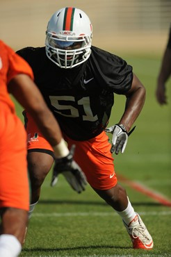 University of Miami linebacker, Shayon Green #51, in his first spring practice at Greentree Practice fields on March 5, 2011 on the University of...