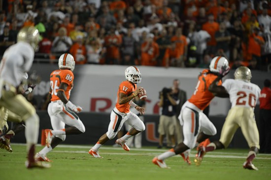 University of Miami Hurricanes quarterback Stephen Morris #17 plays in a game against the Florida State Seminoles at Sun Life Stadium on October 20,...