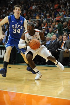 University of Miami Hurricanes guard, Malcolm Grant #3, plays host to the Duke Blue Devils at the BankUnited Center on February 13, 2011. Photo by...