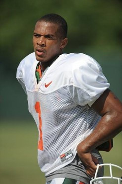 University of Miami Hurricanes defensive back Brandon Harris #1 at Greentree Practice Field on August 13 in afternoon drills to prepare for the...