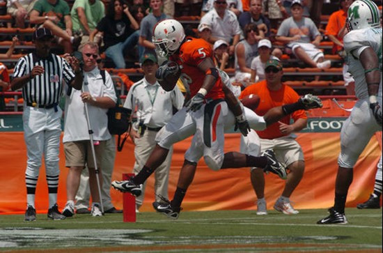 University of Miami running back Javarris James #5 scores a touchdown against Marshall University at the Orange Bowl on September 1, 2007. The Canes...