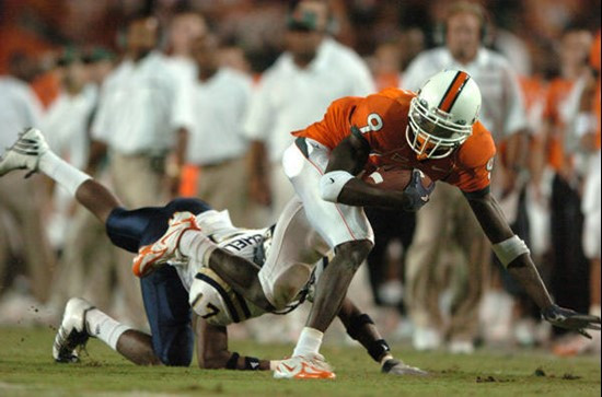 University of Miami Hurricanes wide receiver Lance Leggett #9 caught 7 passes for 77 yards and 2 touchdowns against the Florida International...