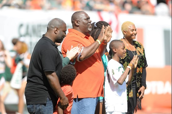 The University of Miami Hurricane employees and fans show their support for the Canes and honor legendary Russell Maryland during a game against the...