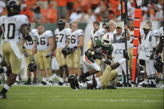 University of Miami Hurricanes wide receiver Sam Shields #83 caught 1 pass for 18 yards against the Deamon Deacons of Wake Forest at Dolphin Stadium...