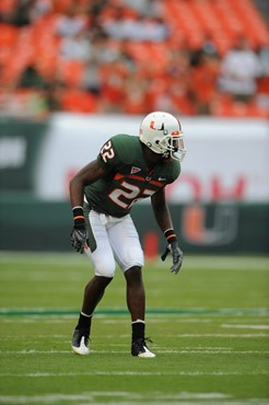 University of Miami Hurricanes defensive back Bruce Johnson #22 plays in a game against the Deamon Deacons of Wake Forest at Dolphin Stadium on...