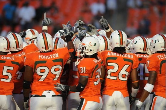 The University of Miami Hurricanes ready themselves for battle in a game against the Georgia Tech Yellow Jackets at Land Shark Stadium on September...
