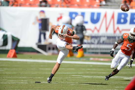 University of Miami Hurricanes kicker/punter Justin Vogel #16 plays in a game against the Cincinnati Bearcats at Sun Life Stadium on October 11, 2014....