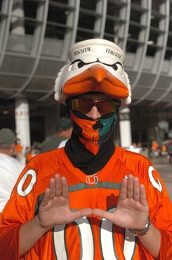 A University of Miami Hurricanes fan shows his team spirit in a game against the Savannah State Tigers at Sun Life Stadium on September 21, 2013. ...