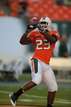 University of Miami Hurricanes tight end Tervaris Johnson #23 practices before a game against the Georgia Tech Yellow jackets at Land Shark Stadium on...