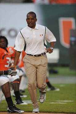 University of Miami Hurricanes head coach Randy Shannon on the sidelines in a game against the Georgia Tech Yellow Jackets at Land Shark Stadium on...