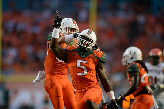 University of Miami Hurricanes linebacker Jermaine Grace #5 plays in a game against the Florida A&M Rattlers at Sun Life Stadium on September 6, 2014....