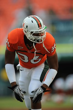 University of Miami Hurricanes linebacker Kylan Robinson #36 plays in a game against the Florida A&amp;M Rattlers at Sun Life Stadium on September 2,...