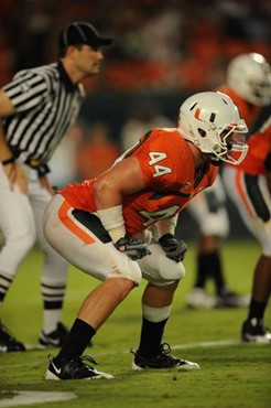 University of Miami Hurricanes linebacker Colin McCarthy #44 plays in a game against the Georgia Yellow Jackets at Land Shark Stadium on September 17,...