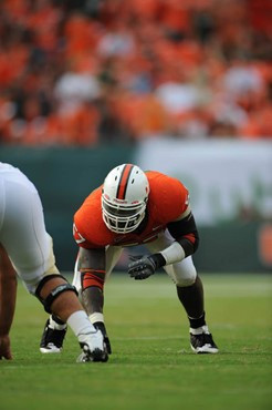 University of Miami Hurricanes defensive lineman Allen Bailey #57 gets set to rush in a game against the University of Central Florida Knights at...