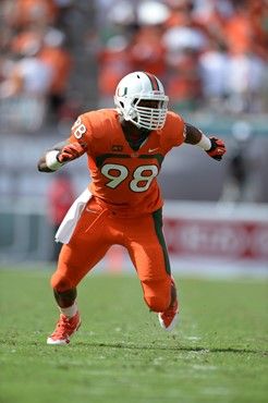 University of Miami Hurricanes defensive end Al-Quadin Muhammad #98 plays in a game against the Wake Forest Demon Deacons at Sun Life Stadium on...