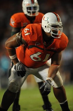 University of Miami offensive lineman Joel Figueroa #61 plays in a game against the Georgia Tech Yellow Jackets at Land Shark Stadium on September 17,...