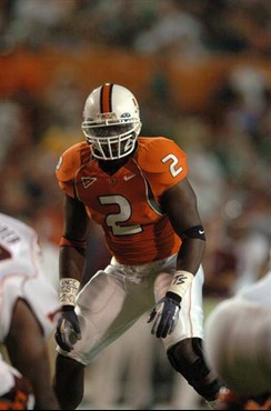 University of Miami linebacker Jon Beason #2 lead his team with 5 solo tackles and 2 assists against the Virginia Tech Hokies at the Orange Bowl on...