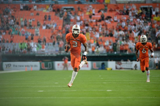 University of Miami Hurricanes wide receiver Stacy Coley #3 plays in a game against the Virginia Cavaliers at Sun Life Stadium on November 23, 2013. ...