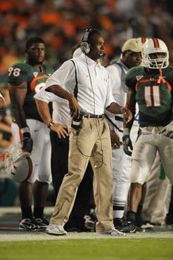 University of Miami Hurricanes head coach Randy Shannon calls in a play in a game against the Florida A&M Rattlers at Land Shark Stadium on October...