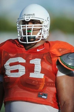 University of Miami Hurricanes players Joel Figueroa #61 at Greentree practice fields at Cobb Stadium training for the upcoming 2010 season. The...