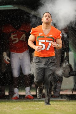 University of Miami Hurricanes linebacker Sean Goldstein #53 plays in a game against the Boston College Eagles at Sun Life Stadium on November 25,...