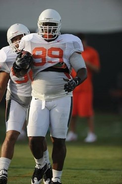 University of Miami Hurricanes players Marcus Forston #99 at Greentree practice fields training for the upcoming 2010 season. The practice was open...