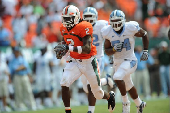 University of Miami Hurricanes running back Graig Cooper #2 rushed for 113 yards and had 1 receiving touchdown in a game against the North Carolina...