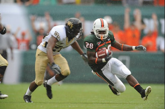 University of Miami Hurricanes wide receiver Thearon Collier #28 caught 2 passes for 31 yards in a game against the Deamon Deacons of Wake Forest at...