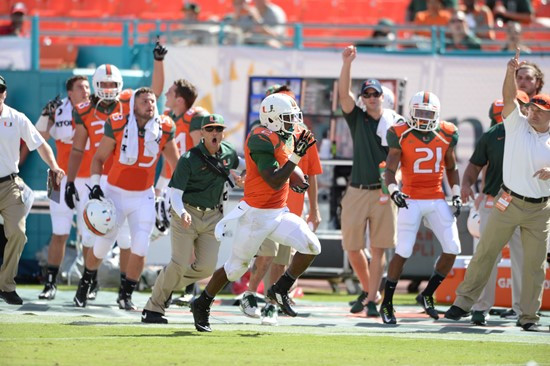 University of Miami Hurricanes running back Joseph Yearby #2 plays in a game against the Cincinnati Bearcats at Sun Life Stadium on October 11, 2014....
