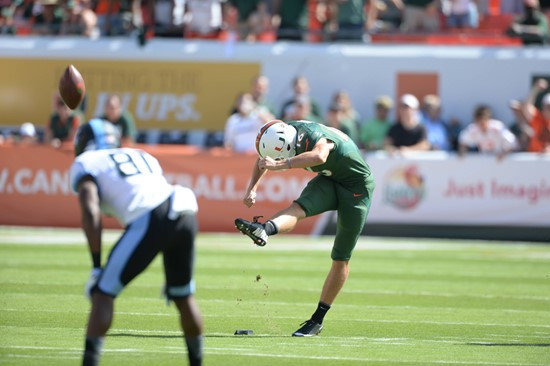 University of Miami Hurricanes punter Justin Vogel #16 plays in a game against the North Carolina Tar Heels at Sun Life Stadium on November 1, 2014. ...
