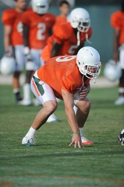 University of Miami Hurricanes players Chase Ford #9 at Greentree practice fields training for the upcoming 2010 season. The practice was open for...