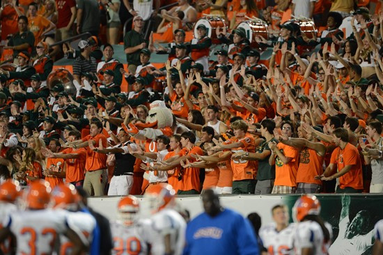 Sebastian the Ibis entertains the University of Miami Hurricane fans during a game against the Savannah State Tigers at Sun Life Stadium on September...