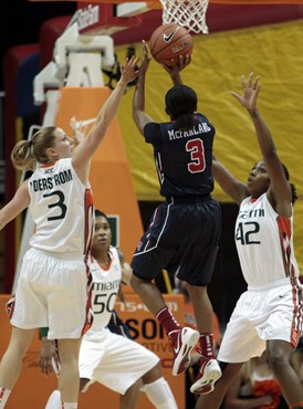 Ole Miss' Valencia McFarland (3) goes to the basket as Miami's Stefanie Yderstrom (3) and Shenise Johnson (42) defend in the first half. (AP...