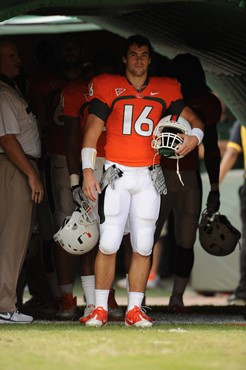 University of Miami Hurricanes quarterback Spencer Whipple #16 plays in a game against the Boston College Eagles at Sun Life Stadium on November 25,...