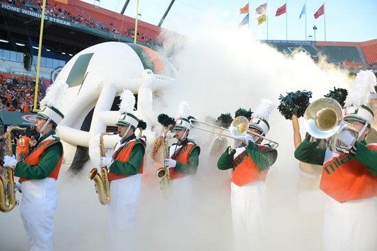 The University of Miami Band of the hour performs before a game against the Savannah State Tigers at Sun Life Stadium on September 21, 2013. Photo by...