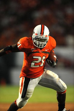 University of Miami Hurricanes running back, Derron Thomas #21, rushed 8 times for 35 yards, caught 1 pass for 19 yards, and scored 1 touchdown in a...