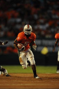 University of Miami Hurricanes running back Javarris James #5 carries the ball against Charleston Southern University in the Canes inaugural game at...