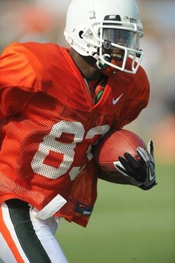 University of Miami Hurricanes players Kendal Thompkins #83 at Greentree practice fields training for the upcoming 2010 season. The practice was open...