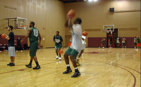 Adrian Thomas and the Hurricanes prepare for the title game versus South Carolina in the Carolina First Arena practice gym.