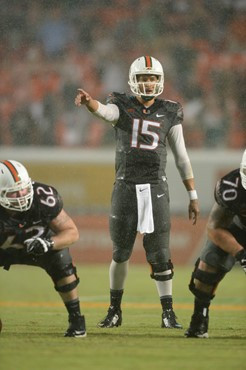 University of Miami Hurricanes quarterback Brad Kaaya #15 plays in a game against the Duke Blue Devils at Sun Life Stadium on September 27, 2014. ...