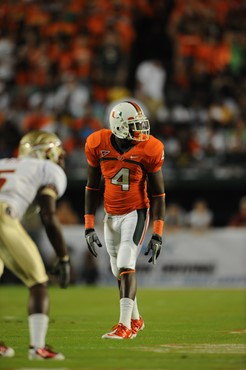 University of Miami Hurricanes wide receiver Aldarius Johnson #4 against the Florida State Seminoles at Sun Life Stadium on October 9, 2010. Photo by...