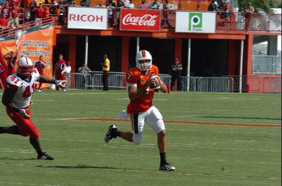University of Miami quarterback Kirby Freeman #7 in a game against the North Carolina State Wolfpack at the Orange Bowl on November 3, 2007. Photo...