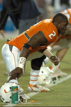 University of Miami linebacker Jon Beason #2 led the team with 5 solo tackles and 3 assists in a game against Boston College on November 23, 2006 at...